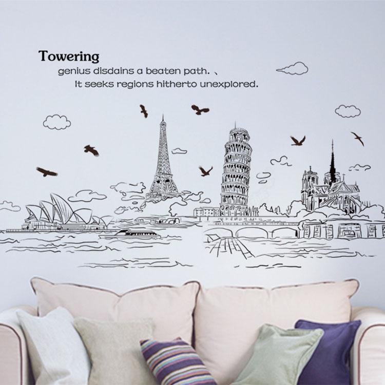 Simple Style Pen Painting Architectural Style Building Wall Stickers City Landscape Wallpaper