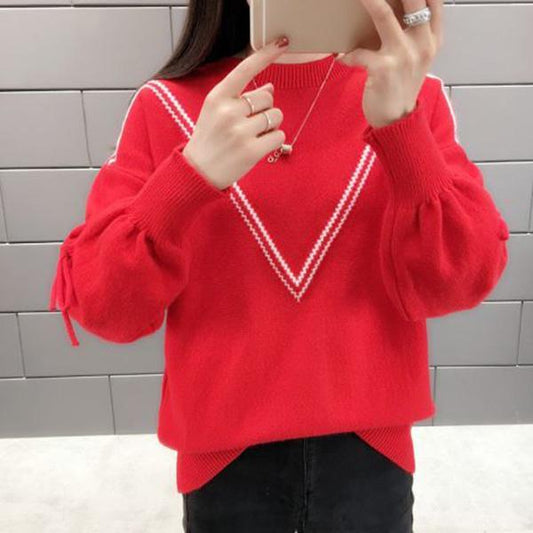 Student Loose Sweater Women Wear Low-neck Bottoming Shirt Short Bow Sweet Knitwear