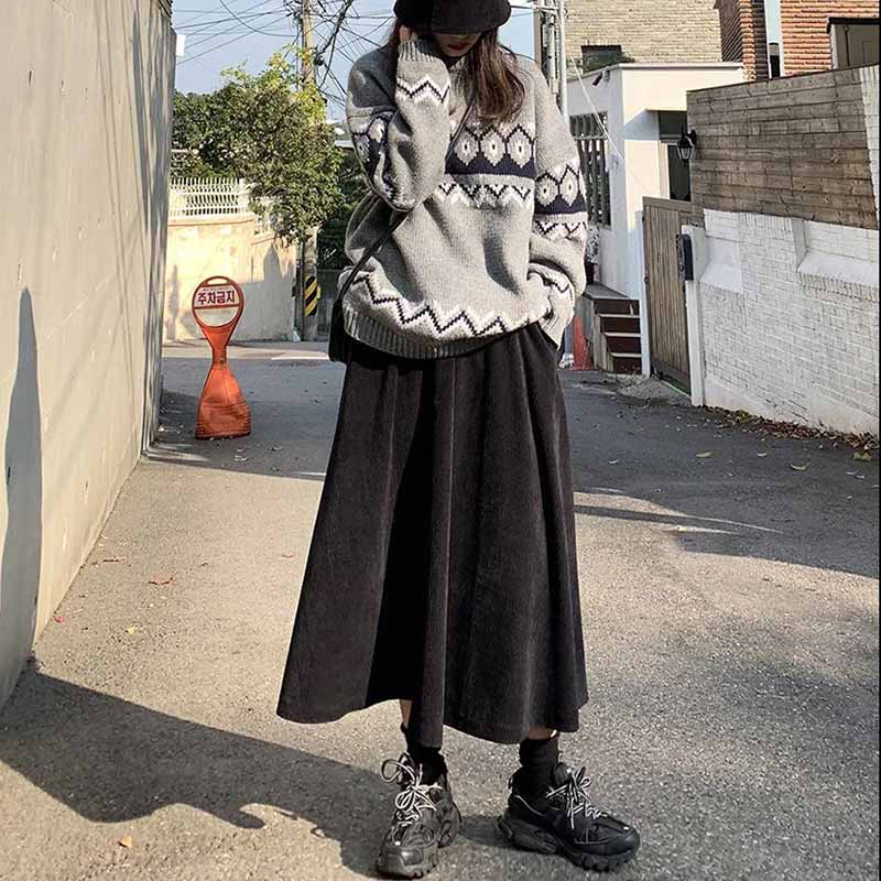 Japanese College Style Retro All-match Black Corduroy Skirt Female Was Thin High-waisted A-line Skirt Umbrella Skirt
