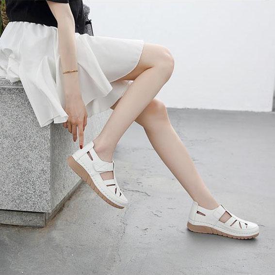 Office Ladies Spring Summer Large Size Breathable Flat Sandals Women's Autumn Solid Color Hollow Casual Leather Single Sandals