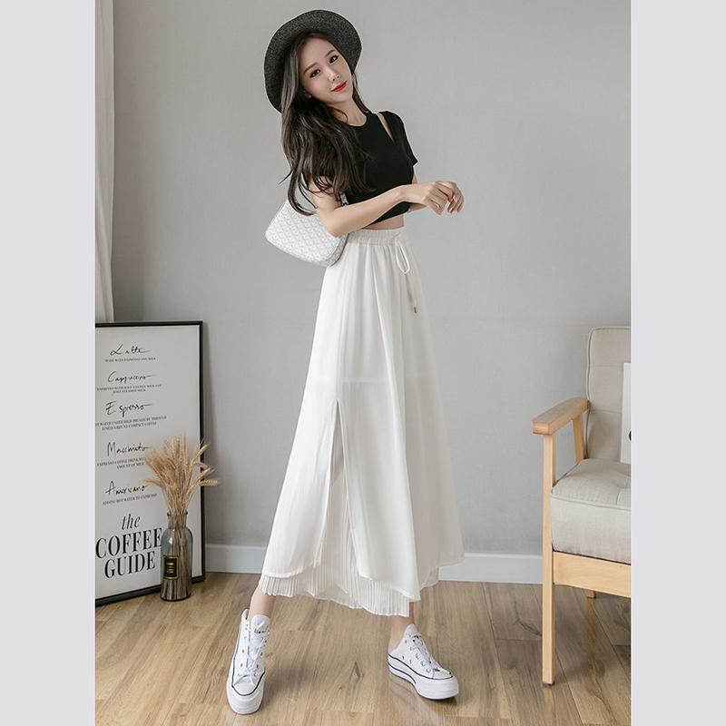 Chiffon Wide-leg Pants Female Students Korean Style Pants Women Loose  Thin Black High-waist Wide-leg Pants Nine-point Pants Women