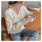 Autumn Fashion Loose Sweater Women's Solid Color Simple Long-sleeved Shirt V-neck Short Knit Sweater
