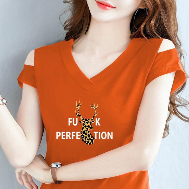 Summer Off-the-shoulder T-shirt Solid Color Short-sleeved T-shirt Women's Leak-shoulder One-word V-neck Top Korean Version Slimming T-shirt