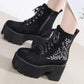 Gothic Boots Women - Goth Black Shoes - Gothic Punk Platform Shoes - Lace Up Back Zipper Boots - Witch Pentagram Moon Embroidery Design