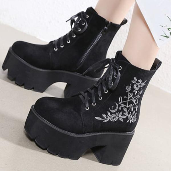 Gothic Boots Women - Goth Black Shoes - Gothic Punk Platform Shoes - Lace Up Back Zipper Boots - Witch Pentagram Moon Embroidery Design