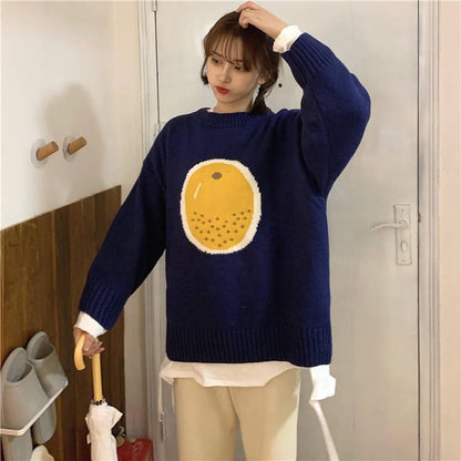 Autumn Winter Small Fresh Interesting Fruit Jacquard Short Outer Wear Sweater Cartoon Sweater Loose Thick Long Sleeved Pullover Sweater