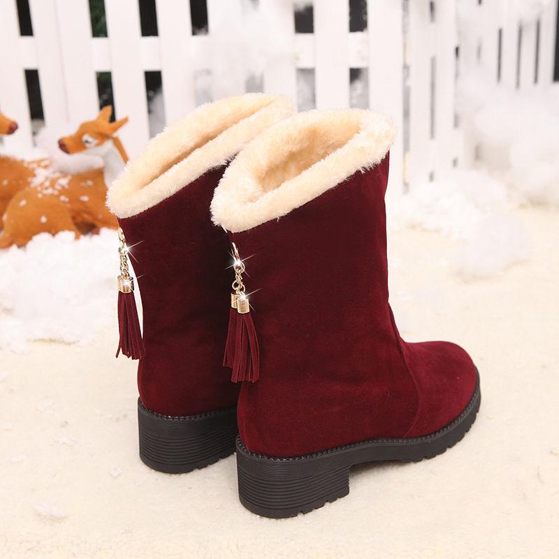 Snow Boots Women's Warm and Velvet Autumn and Winter Women's Short Boots Thick-soled Thick-heeled Fringed Mid-tube Boots
