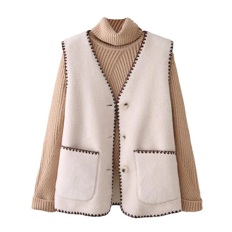 Lamb Plush Vest Female Autumn and Winter Temperament Outer Wear Fur Waistcoat Vest Vest V-neck Sleeveless Button Jacket