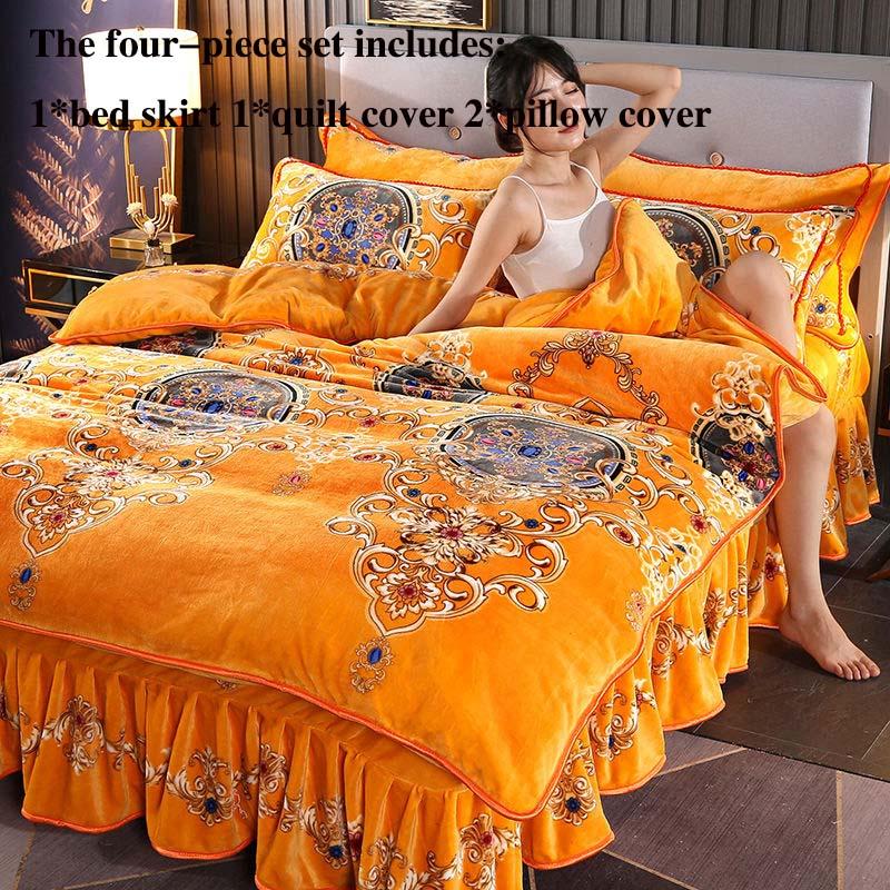 Warm Flannel Four-piece Thick Gold Mink Fleece Bed Skirt Quilt Cover Pillowcase Set Winter Double Bed Supplies