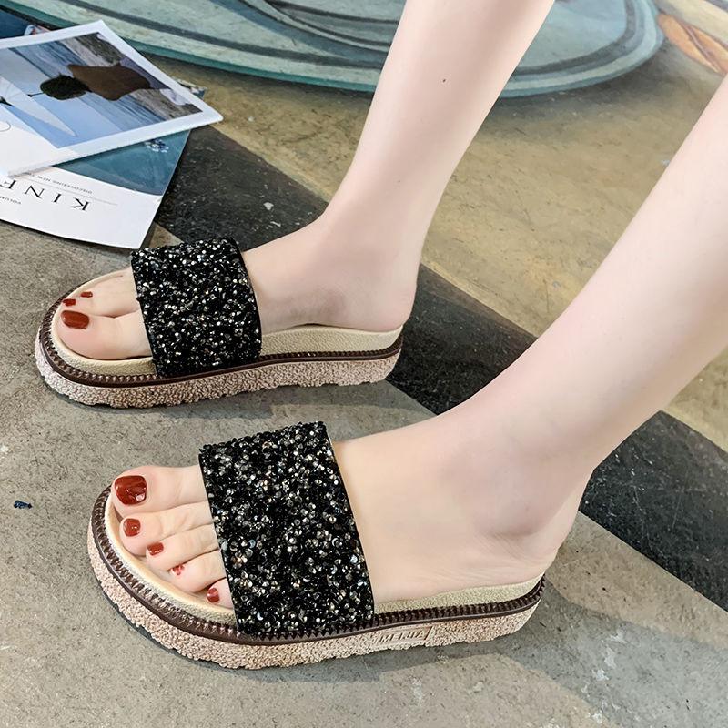 Slippers Women’s Summer Fashion Outer Wear Sponge Cake Thick Bottom Flip Flops Sequins Sandals Flat Sandals Beach Shoes