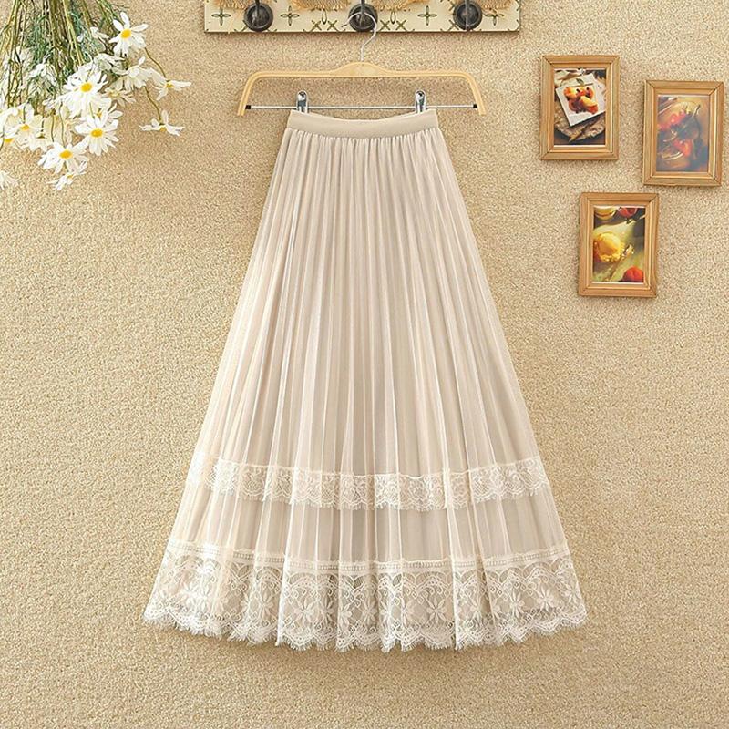 Golden Velvet Yarn Skirt Woman's Mid-length Elastic Waist Printed Lace High Waist A-line Skirt Pleated Skirt School Work Travel