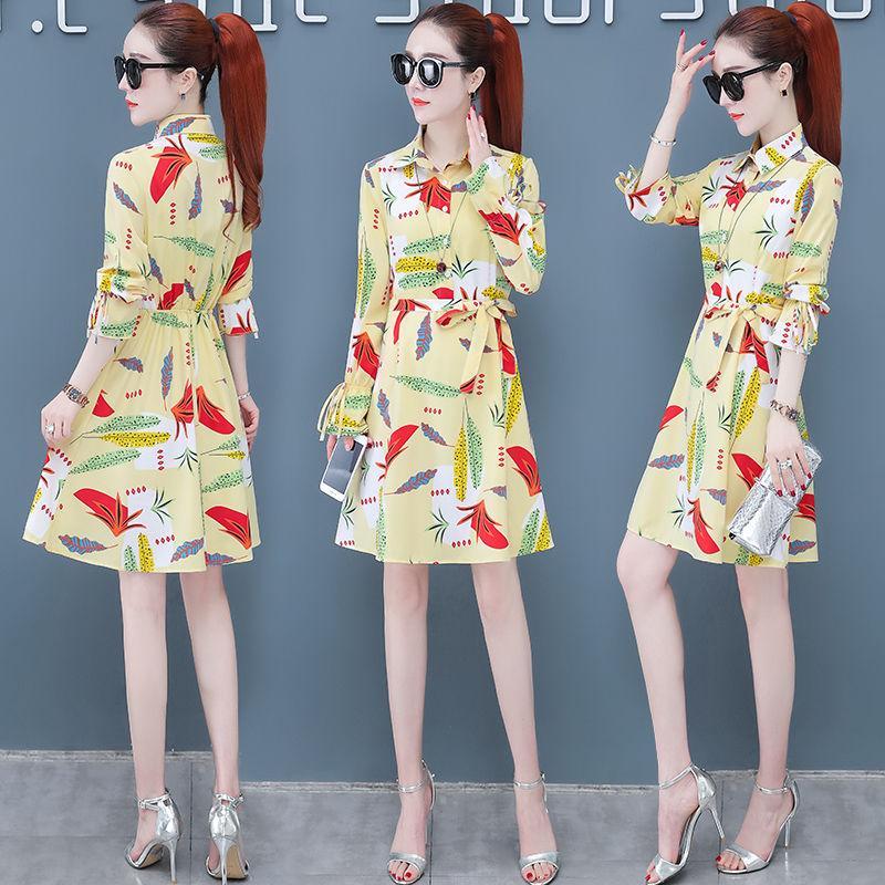 Spring Autumn Plus Size Shirt Dress Slim Mid-length Print Shirt Dress OL Casual A-line Dress with Belt