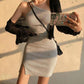 Asymmetric Grey Black Knitted Dress Solid Color Sexy Tight-fitting High Elasticity Sleeveless Summer Bare Shoulders