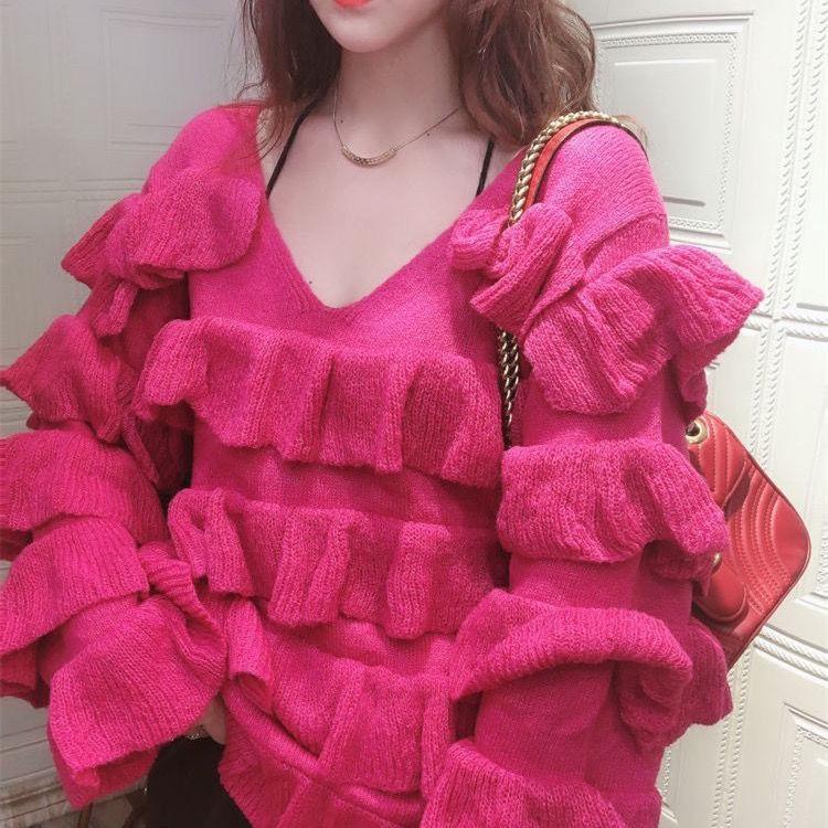 Autumn and Winter Multi-level Flared Sleeve Cake Skirt Ruffled Knitted Sweater