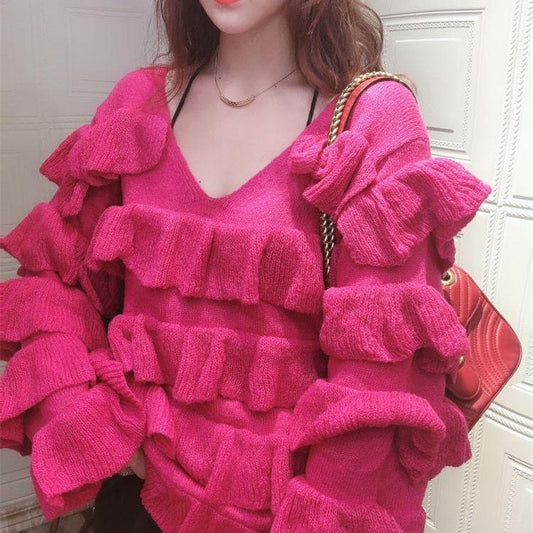Autumn and Winter Multi-level Flared Sleeve Cake Skirt Ruffled Knitted Sweater