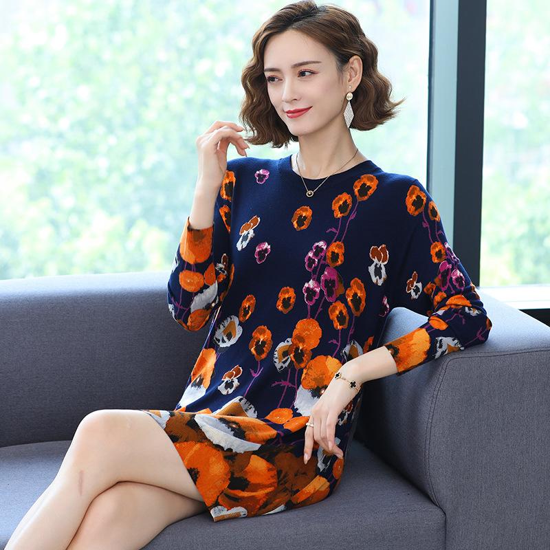 Mid-length Autumn and Winter Women's Printed Sweater Round Neck Casual Sweater Fashion Casual Long Sweater