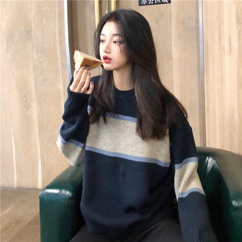 Autumn and Winter Pullover Crew Neck Sweater Korean Style College Style Color Matching Male and Female Students Loose Lazy Knit Jacket