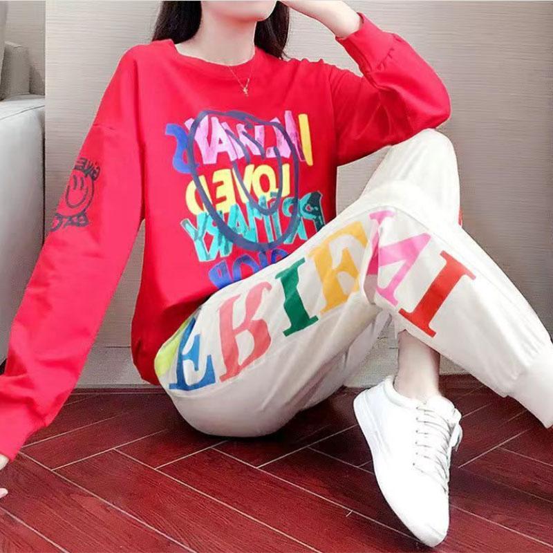 Sports Suit Women's Spring and Autumn Popular Large Size Loose Casual Temperament Fashion Long-sleeved Two-piece