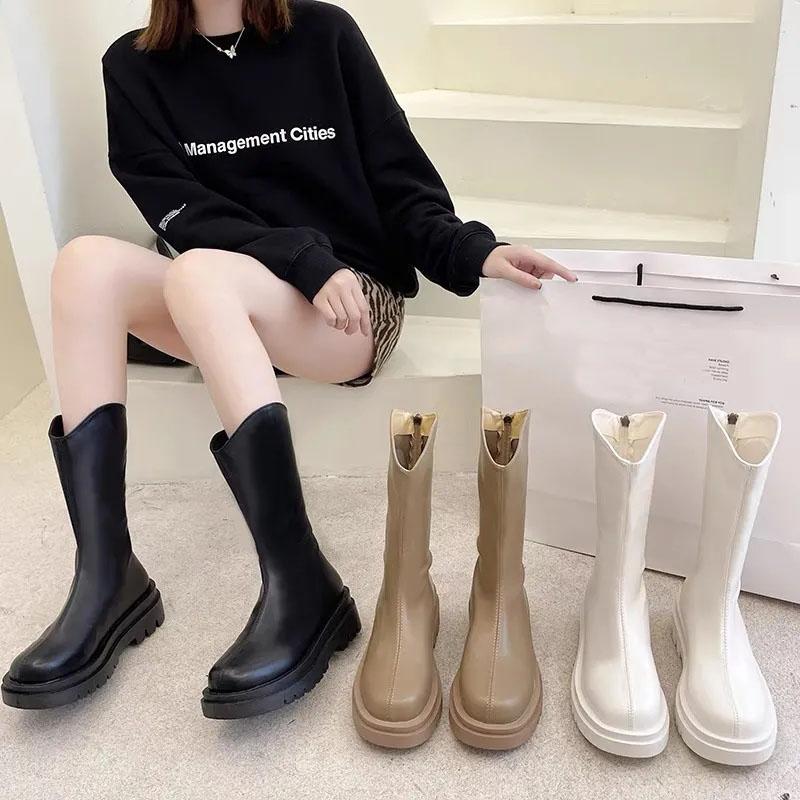 Chelsea Boots Mid-tube Boots Plus Velvet Snow Boots British Style Martin Boots Thick-soled Winter Boots Autumn and Winter
