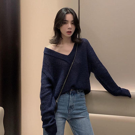 Autumn Fashion Sweater Casual Simple Loose Jacket Short V-neck Hollow Young Women's Bottoming Shirt