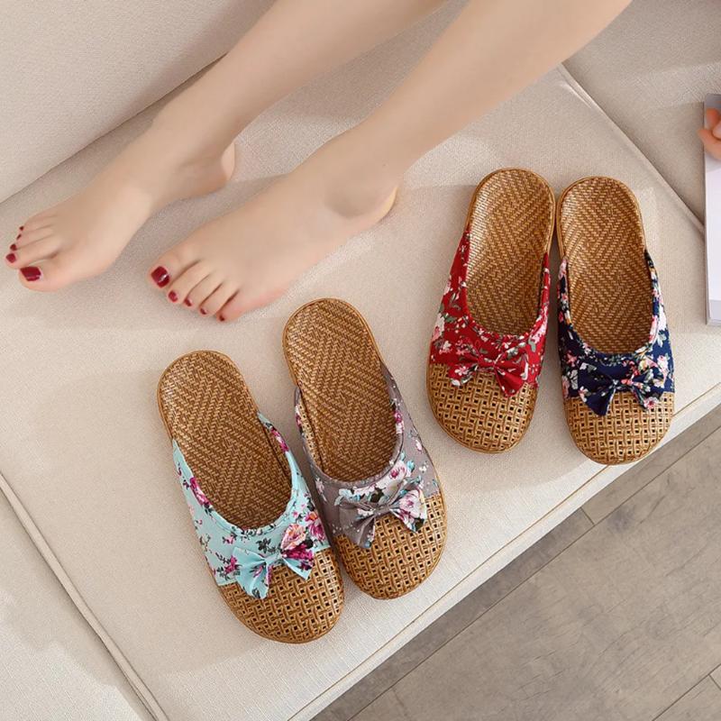 Summer Women Baotou Rattan Grass Woven Flat Slippers Floral Bow Linen Women Sandals Indoor Shoes
