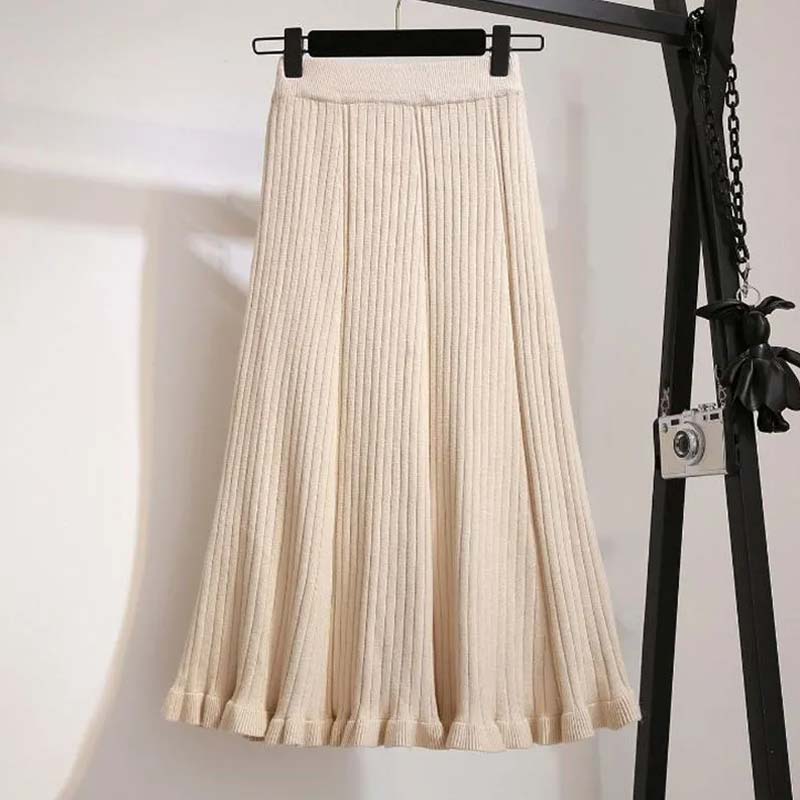 Women's Autumn and Winter Warm Woolen Skirts Fashion Knitted Skirts Korean Mid-length High-waisted Ruffled A-line Fishtail Skirts