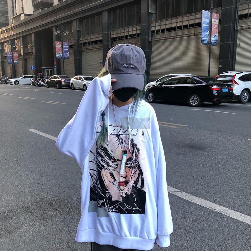 Women Sweatshirts Fashion Printed Streetwear Harajuku Hip Hop Pullover Black White Hoodies Oversized Loose Hooded Top Clothes Autumn Winter Girl Tops