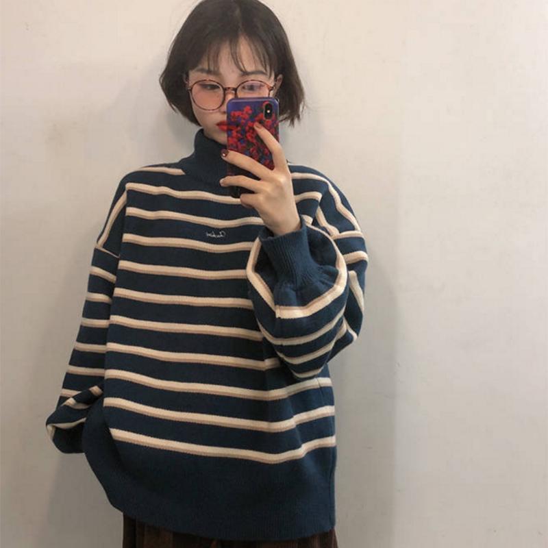 Striped knit jacket coat Thick color-matching turtleneck female student lazy wind loose pullover