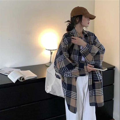 Layered Plaid Shirt Women's Spring and Autumn Retro Loose and Lazy Style Shirt Coat