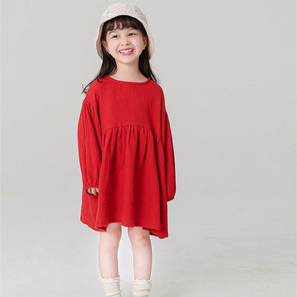 Kids Dresses Princess Autumn Spring Children Clothes Pure Color Playful Retro Casual Lovely Baby Girls Dress