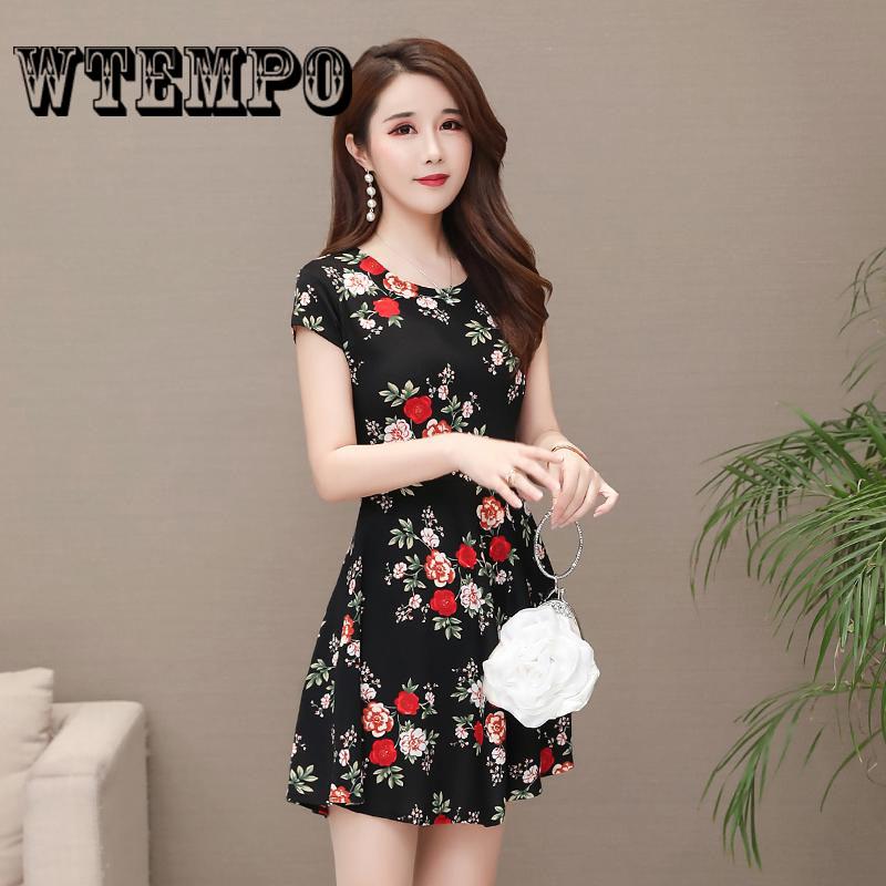 Women A-line Floral Print Midi Slim Elegant Party Vintage Dress Belt