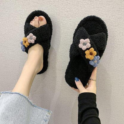 Cotton Slippers Female Cute Plush Slippers Wear Plush To Keep Warm At Home Winter Slippers Non-slip Breathable Cross Slippers