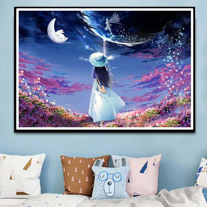 Diamond Painting Full Diamond Fantasy Starry Sky Landscape 5d Point Stickers Diamond Cross Stitch Cartoon Girl Bedroom Living Room