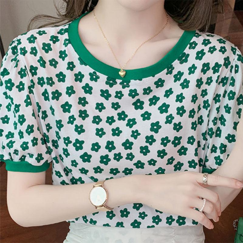 Pure Cotton Summer Floral Short-sleeved T-shirt Ladies Fashion Round Neck All-match Small Shirt Korean Version Trend Half-sleeved Thin Top