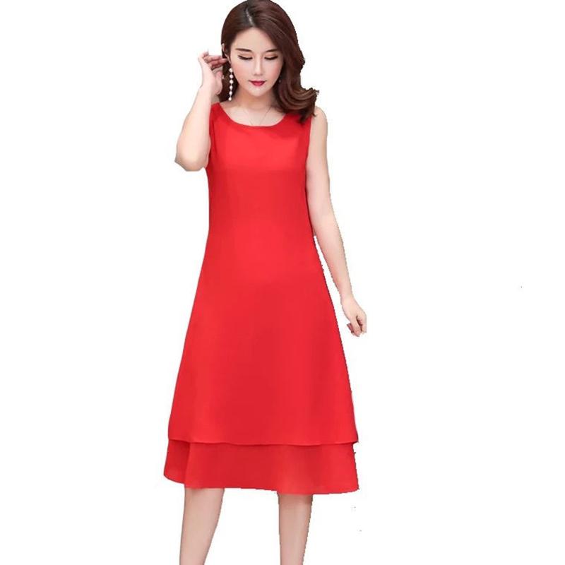 Vest Dress Chiffon M-XXXXXL Plus Size Summer Chinese Style Solid Ruffle Over-the-knee Dress