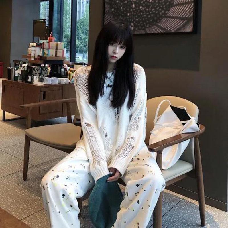 Gothic Punk Hole Sweaters Women  Streetwear Harajuku Sweaters Hollow Out Broken Knitted Jumper Woman Pullover Sweater