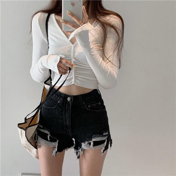 WTEMPO Summer High Waist Hole Denim Shorts Women's Split Irregular Irregular Thin Loose Wide Leg A-pants