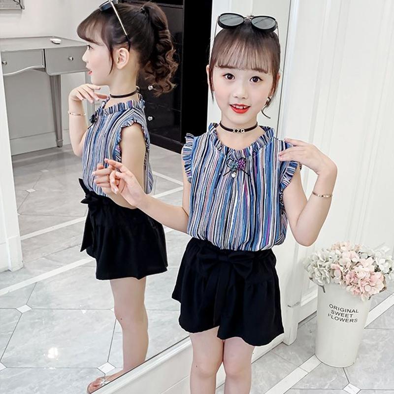 2PCS Children Clothing Set Spring Summer Girls Suits Printing Sleeveless Stripe Tops + Pants Clothing Set