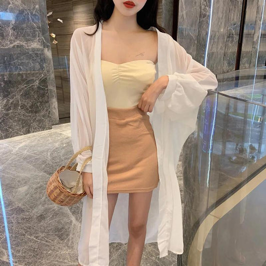 Batwing Sleeve Women's Beach Sun Protection Cardigan Plus Size Shawl Loose Outer Chiffon Long Sleeve  Mid-calf Solid Color