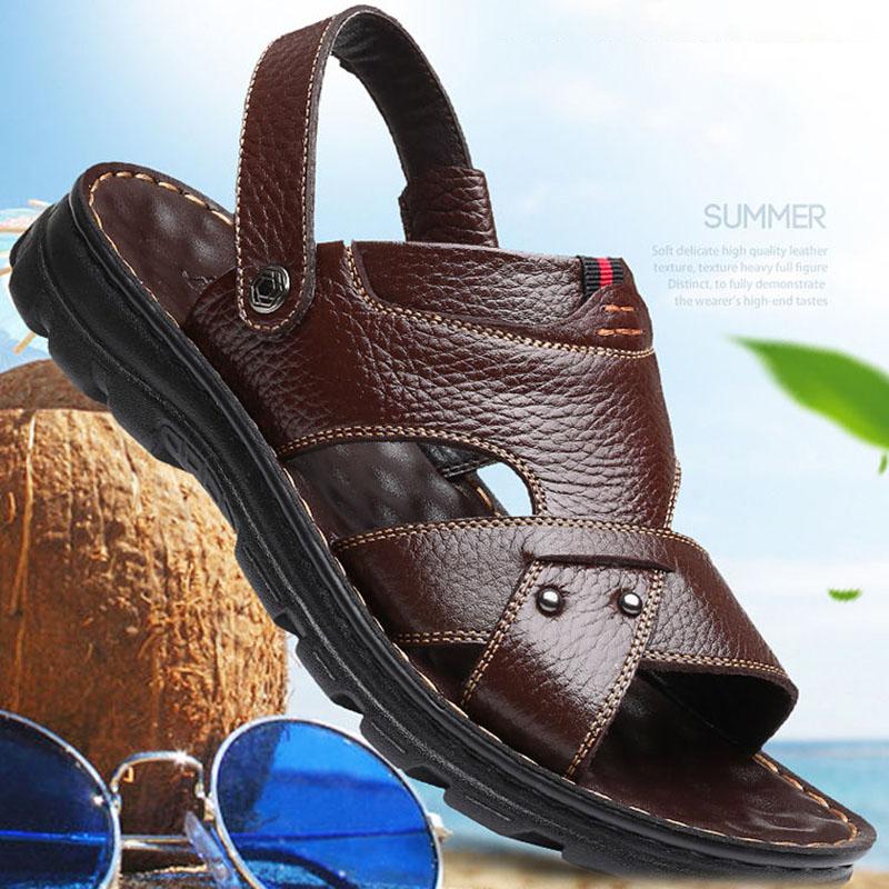 Men Leather Sandals Summer Classic Peep Toe Slippers Soft Sandals Men Roman Comfortable Outdoor Walking Footwear