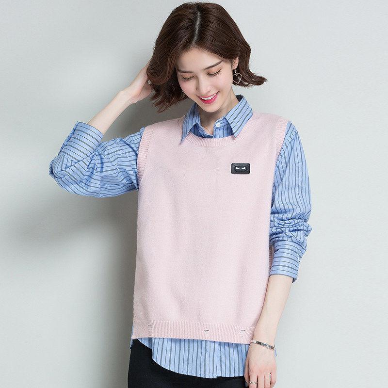 Spring and Autumn Round Neck Knitted Vest Women's Solid Color Halterneck Waistcoat Short Casual Sleeveless Sweater