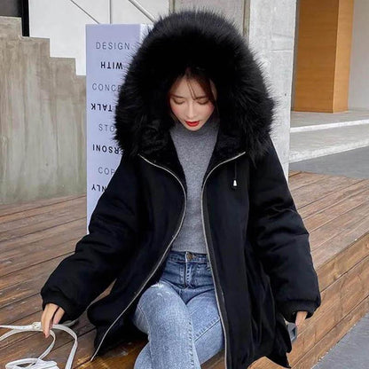Workwear Padded Jacket Women Winter Korean Mid-length Large Fur Collar Loose Thick Plus Velvet Padded Jacket