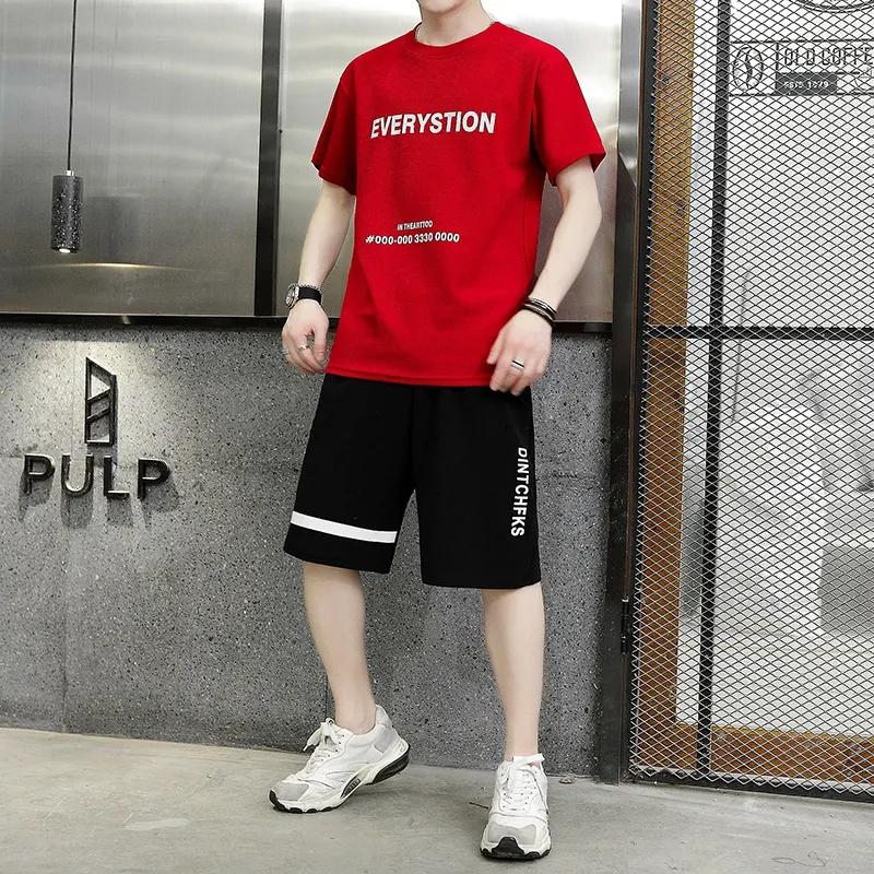 Summer Men's Casual Suit Trend Loose Two-piece Short-sleeved Five-point Pants Sports Suit T-shirt