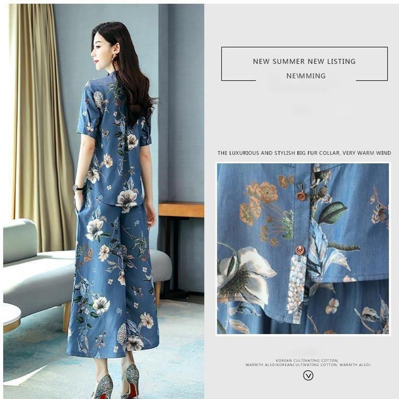 Retro Print Fashion Suit Women's Summer Loose and Thin Temperament Wide-leg Pants Two-piece Casual Suit Retro Chinese Style