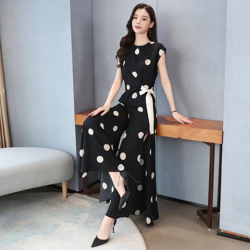 Polka Dot Chiffon Women's Two-piece Loose Wide-leg Pants Round Neck Sleeveless Bow-knot Shirt Chiffon Fabric Light and Breathable
