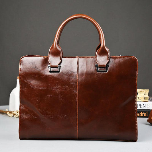 Business Briefcase Men Leather Large Capacity Zipper Crossbody Bags Shoulder Waterproof Computer Bag