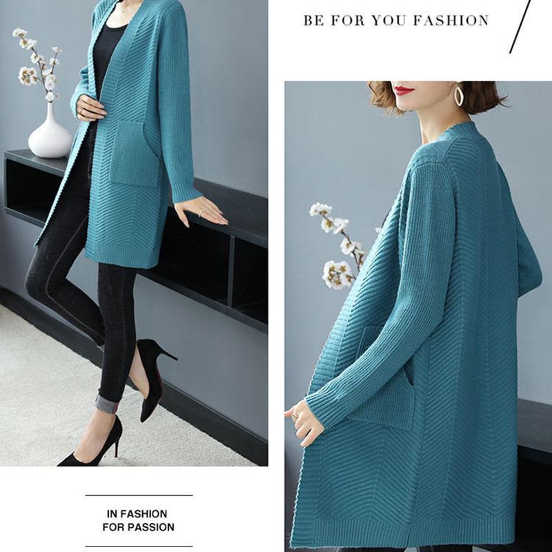 Autumn and Winter Wool Cardigan Sweater Large Size Medium and Long Loose Jacket Pure Color Simple Middle-aged Ladies Jacket