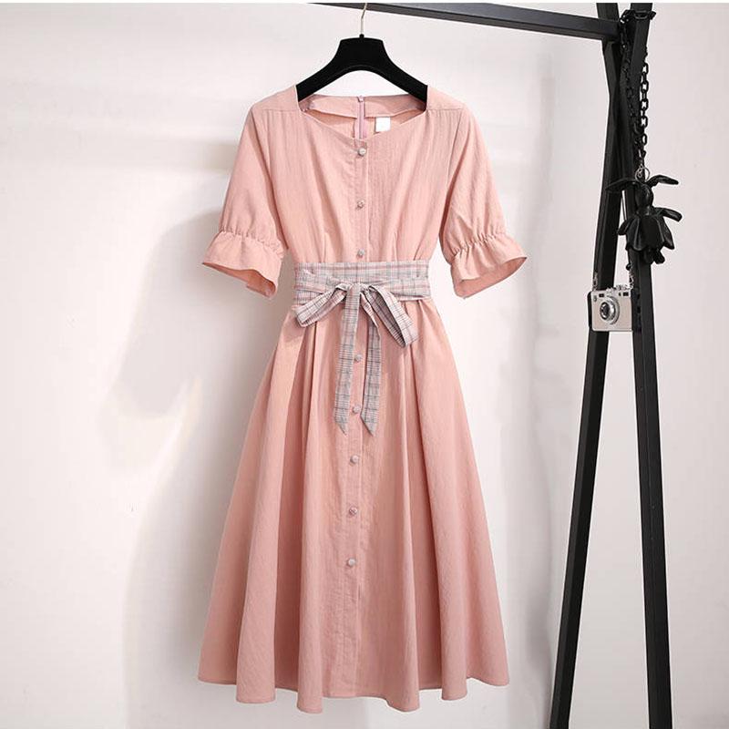 Pofulove Women Linen Dress Midi Elegant Party Dress Summer Etro Short Sleeve Dress with Belt