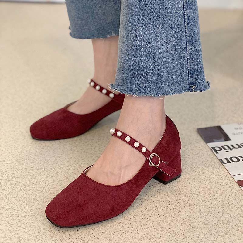 Square-toed Single Shoes Women's Wild Fashion Pumps Autumn Girl Thick-heeled French High Heels