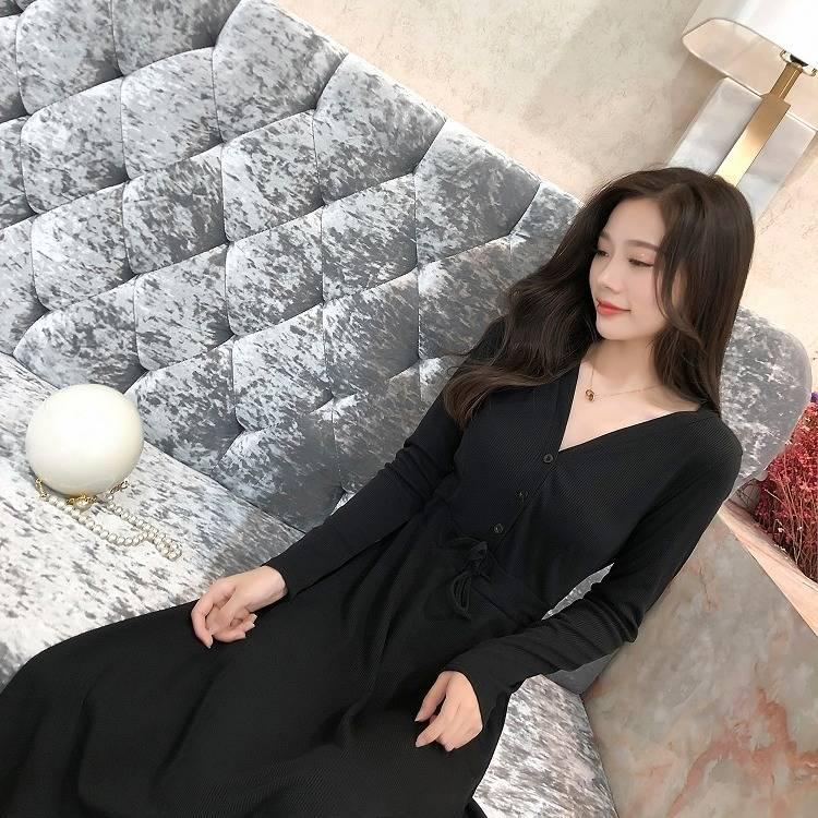 Fashion Women's Casual Solid Long Sleeve Wrap V-Neck Button with Belt Ruffle Waist Dress